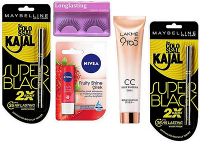 

Longlasting Eyelashes,Super Black Kajal Pack Of 2, Nivea Fruity Lipbalm, C C Color Transform Cream(Set of 5)