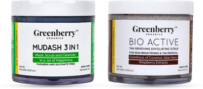 

Greenberry Organics Mud Ash 3 In 1 Face Cleanser, Maks & Scrub Combo with D-Tan Brightening & Exfoliating Scrub for Summers(Set of 2)