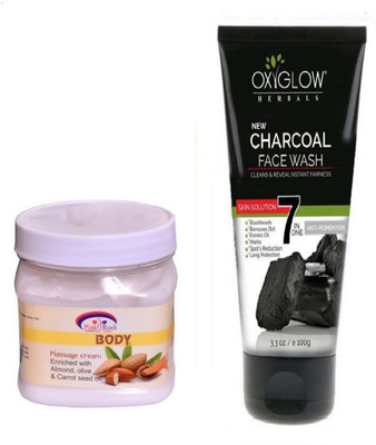 

Pink Root BODY MASSAGE CREAM 500ML WITH OXYGLOW CHARCOAL FACE WASH(Set of 2)