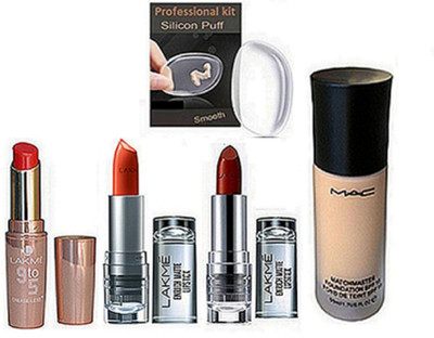 

Professional kit Silicon Puff,Mac Match Master Foundation & Lakme Enrich Lipstick Packk 2 ,Lakme 9to 5 LIpstick(Set of 5)