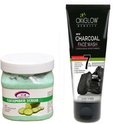 Pink Root CUCUMBER SCRUB 500ML WITH OXYGLOW CHARCOAL FACE WASH(Set of 2)
