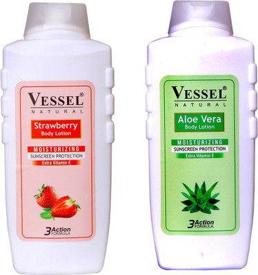 

Vessel Natural Moisturizing Body Lotion with Sunscreen Protection Strawberry & Aloe Vera 650 ml Combo Pack of 2(Set of 2)