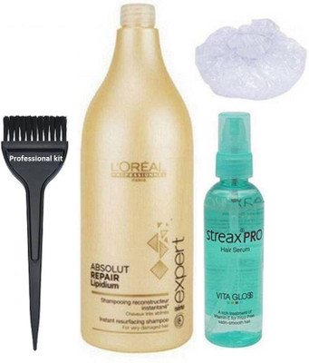 

Professional kit Hair Brush, Shower Cap, L'oreal Professional Absolut Repair Lipidium Shampoo, Streax Pro Hair Serum (Set of 4)(Set of 4)