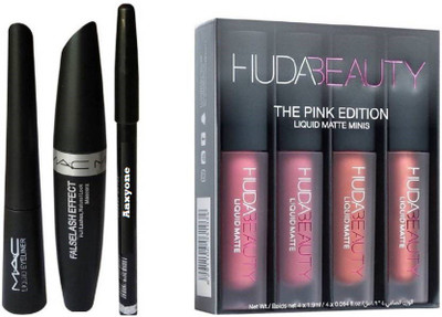

Aaxyone Eyebrow Pencil Black & Mac Liquid Eye Liner & Mac Mascara (MAC 3in1) & Huda Beauty Pink Edition(Set of 7)