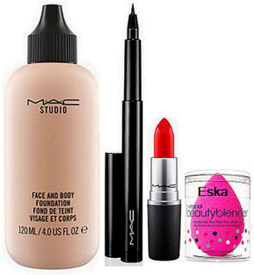 

Eska Sponge Puff & Face and Body Foundation With Matte Finish Long Lasting Lipstick & Pen Eyeliner(Set of 4)