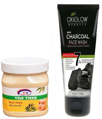 

Pink Root TEA TREE MUD MASK 500ML WITH OXYGLOW CHARCOAL FACE WASH(Set of 2)