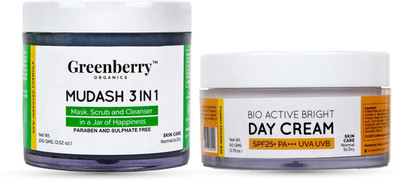 

Greenberry Organics Mud Ash 3 IN 1 Face Cleanser, Scrub & Mask Combo with Day Cream with SPF 25+++ UVA UVB Protection for Summers(Set of 2)