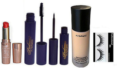 

Professional kit Eyelashes & Match Master Foundation,, ,9 TO 5 Lipstick and eyeliner and mascara(Set of 5)