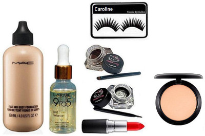 

caroline Eyelashes, Face & Body Foundation, Eyeliner, Matte Finish Listick, Face serum, compact(Set of 6)