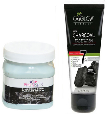 Pink Root CHARCOAL MASSAGE CREAM 500ML WITH OXYGLOW CHARCOAL FACE WASH(Set of 2)