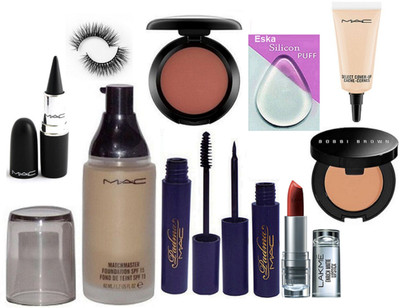

eska Silicon Puff, Matchmaster Foundation SPF 15 & Lakme Enrich Matte Lipstick, Mac Padma Eyeliner, Mascara, Blusher, Stick Kajal, Eyelashes, Select Cover-Up & Bobbi Brown Concealer(Set of 10)