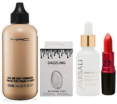 

DAZZLING Silicon Puff & Mac Face And Body Foundation & Farsali Face Serum & Lady Gaga Lipstick(Set of 4)