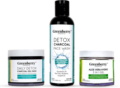 

Greenberry Organics Daily Detox Charcoal Gel Mask Tea Tree & Green Tea + Bio Active D-Tan Scrub + Charcoal Face Wash Summers Combo(Set of 3)