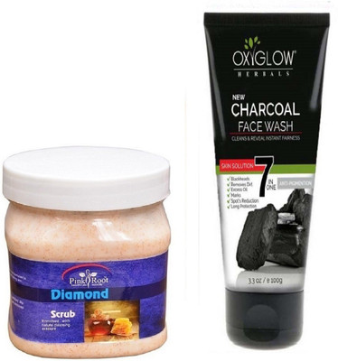 

Pink Root DIAMOND SCRUB 500ML WITH OXYGLOW CHARCOAL FACE WASH(Set of 2)