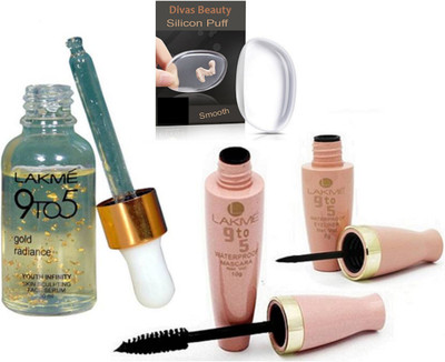 

divas beauty Silicon Puff,Gold Radiance Youth Infinity Skin Face Serum, 9to5 Liquid Eyeliner & Mascara(Set of 4)