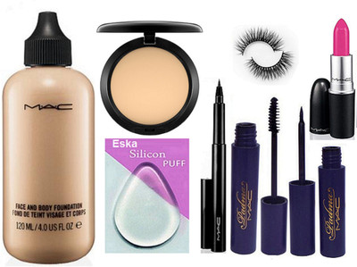 

eska Silicon Puff, Mac Face And Body Foundation, Compact, Pen Eyeliner, Padma Eyeliner, Mascara, Candy Yum-yum Lipstick, Eyelashes(Set of 8)