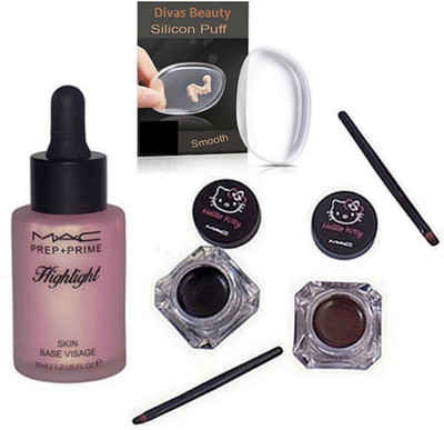 

divas beauty Silicon Puff With Mac Prep+Prime Skin Base Visage highlighter, Hello Kitty Eyeliner 2 colors Black & Brown(Set of 4)