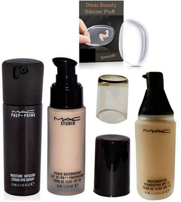 

divas beauty Silicon Puff With MAC Moisture Infusion Serum,Studio WaterWeight Liquid Foundation, MatchMaster Liquid Foundation SPF15(Set of 4)