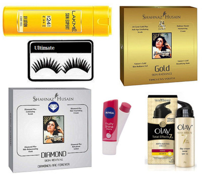 

Ultimate Eyelashes With Shahnaz Hussain Gold And Diamond Facial kit & Lip Balm With Body Lotion,Olay Cream(Set of 6)
