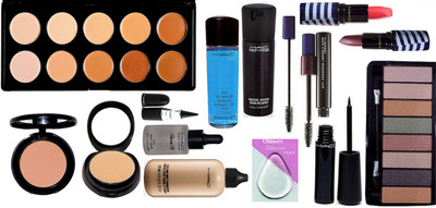 

Ultimate Silicon puff With Face And Body Foundation & 2 Way Compact,Prep+Prime Primer Oil,Skin Base Visage Face Serum & Pro Eye Makeup Remover, Blusher,liquie Eyeliner,Mascara,Matte Finish Long Lasting Lipstick 2 Shades, Eye shadow Palette,10 Shades Conce