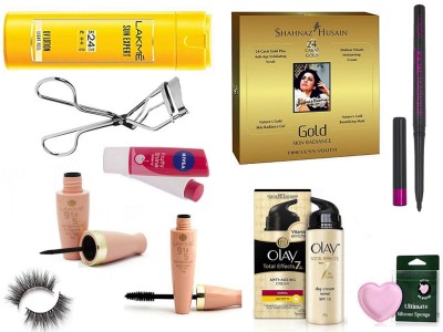 

Ultimate Silicon Puff & Eyelashes,Eyelashes Curler Gold Facial kit,Lip Balm,Kajal,7 in one day cream,Body Lotion,Liquid Eyeliner & Mascara(Set of 10)