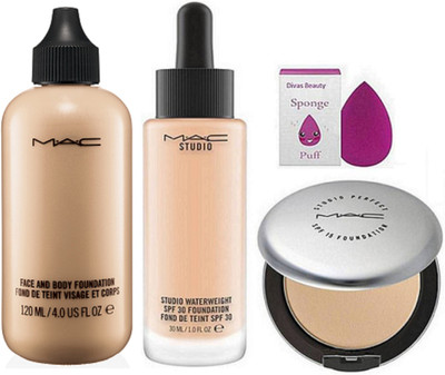 

divas beauty Sponge Puff&Mac Studio Waterweight SPF 30 Foundation,Studio Perfect Compact, Liquid Foundation Face & Body 120 ml(Set of 4)