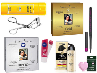 

Ultimate Silicon Puff With Gold And Diamond Facial kit & Lip Balm With Body Lotion, Cream & Eyelashes Curler,Kajal(Set of 8)