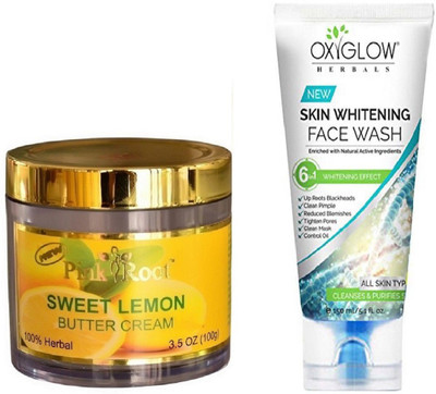 

Pink Root SWEET LEMON BUTTER CREAM 100GM WITH OXYGLOW SKIN WHITENING FACE WASH(Set of 2)