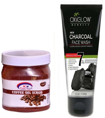 

Pink Root COFFEE GEL SCRUB 500ML WITH OXYGLOW CHARCOAL FACE WASH(Set of 2)