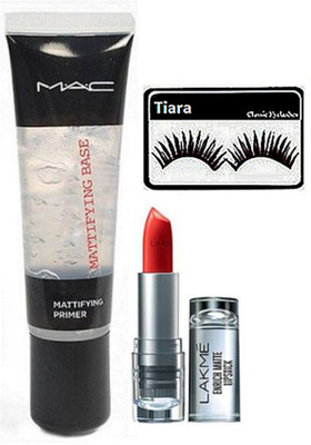 

tiara Eyelashes , Mac Mattifying Base Primer& Lakme 9to5 Enrich Matte Lipstick(Set of 3)