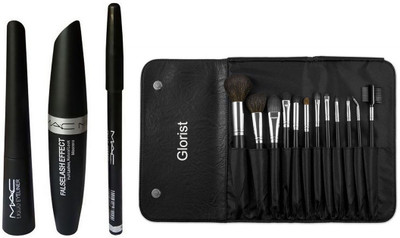 

glorist 12 Peice Makeup Brush Set & MAC Liquid Eye Liner & Mac Mascara & Mac Eyebrow Pencil (MAC 3 in 1) (Set of 15)
