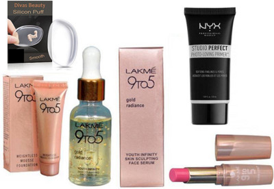 

divas beauty Silicon Puff & Lakme9To5 Gold Radiance Face Serum & Lakme 9To5 Weightless Mousse Fundation & Lakme 9To5 Lipistick, NYX Studio Perfect Photo-Loving Face Primer Gel 30 ml(Set of 5)