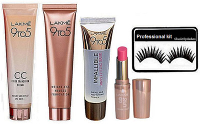 

professional kit Eyelashes , 9 To 5 Weightless Mousse Foundation, C C Cream, Infallible Primer, Pink Lipstick(Set of 5)