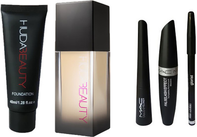 

glorist Eyebrow Black Pencil With Mac Mascara & Mac Liquid Eyeliner with Huda Matte Liquid Foundation With Fair Primer for All Skin Type (Set of 3)(Set of 5)
