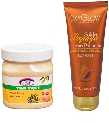 

Pink Root TEA TREE MUD MASK 500ML WITH OXYGLOW GOLDEN PAPAYA FACE WASH(Set of 2)