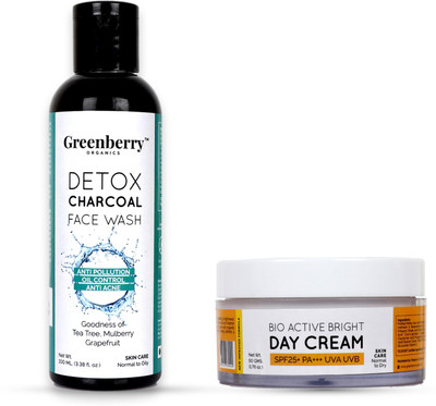 

Greenberry Organics Detox Charcoal Face Wash and Bio Active Bright Day Cream with SPF 25+ Combo(Set of 2)