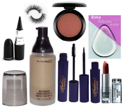 

eska Silicon Puff, Matchmaster Foundation SPF 15 & Lakme Enrich Matte Lipstick, Mac Padma Eyeliner, Mascara, Blusher, Stick Kajal, Eyelashes(Set of 8)