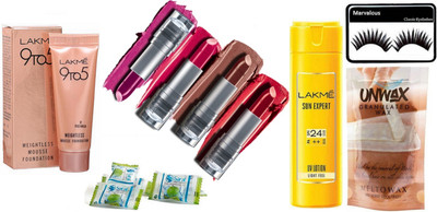

Marvalous eyelashes , lakme weightless mousse foundation , lakme enrich lipstick (set of 4) , lakme sun expert uv lotion , unwax granulated wax , Magic Napkin (Pack of 4)(Set of 12)
