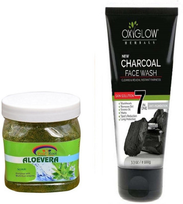 Pink Root ALOE VERA SCRUB 500ML WITH OXYGLOW CHARCOAL FACE WASH(Set of 2)