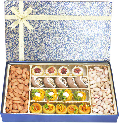 

Ghasitaram Gifts Mithai hampers- Blue Print Assorted Kaju Sweets, Almonds and Pistachios Box Combo(3)