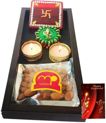 

Maalpani Deepavali Gift Tray Hamper Best Wishes with Fancy Kankavati Floor Stickers and Unique Candle Holder- with dryfruit Combo(7)