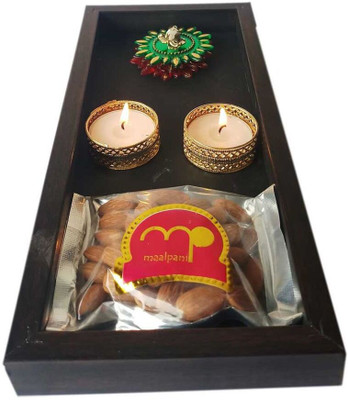 

Maalpani Diwali Gift Tray with Shubh Labh Stickers, Ganesh Floor Rangoli, Tealight Candle and Unique Candle Holder Combo(7)