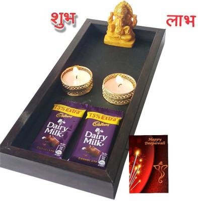 

Maalpani Gift Hamper with Ganesh Idol, Unique Tealight Candle Holder and Shubh Labh Sticker Combo(7)