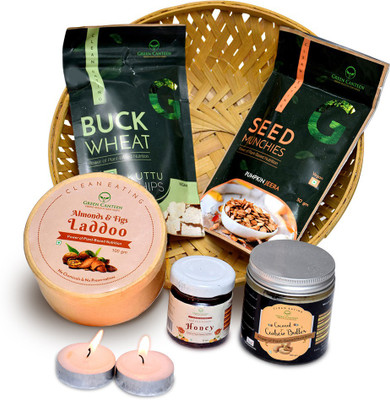 

Green Canteen Diwali Festive Hamper Combo(1xCoconut Cashew butter(100g), 1xAlmond & Figs ladoos (100g), 1xSeeds Munchies (50g), 1xBuckwheat Chips (35g), 1x Raw wildflower honey (25g))