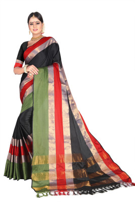 Fancy Fab Self Design Maheshwari Cotton Linen, Silk Blend Saree(Green, Black)