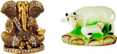 Le Lord Ganesha | Ganesh | Oxidised Antique | Kamdhenu Cow & Calf | Electroplated | Religious Idols for Vastu | Gifts | Feng Shui | For Car Dashboard & Gift | Decorative Idols Decorative Showpiece  -  13 cm(Plastic, Gold)