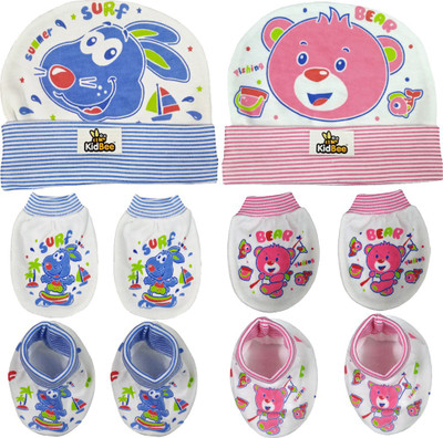 

Kidbee Baby Printed Soft Booties Mittens Cap Combo Set(Light Blue, Pink)