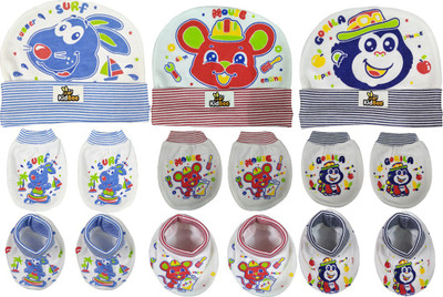 

Kidbee Baby Printed Soft Booties Mittens Cap Combo Set(Light Blue, Red, Dark Blue)
