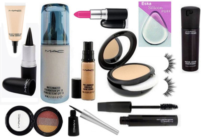 

eska Silicon Puff, Mac MatchMaster Foundation SPF 15, Compact, Pro Longwear Concealer,Stick Kajal,Candy yu-yum Lipstick, Haute And Naughty Mascara, Select Cover-Up, Liquid Eyeliner, 3 Color Eyeshadow, Face Serum, Eyelashes(Set of 12)