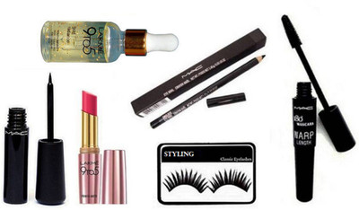 

styling Eyelashes, liquid last Eyeliner, 180 Warp Lenght Upward lash Mascara & Pencil K, Primer + Matte Lipstick Pink Perfect , Face primer(Set of 6)